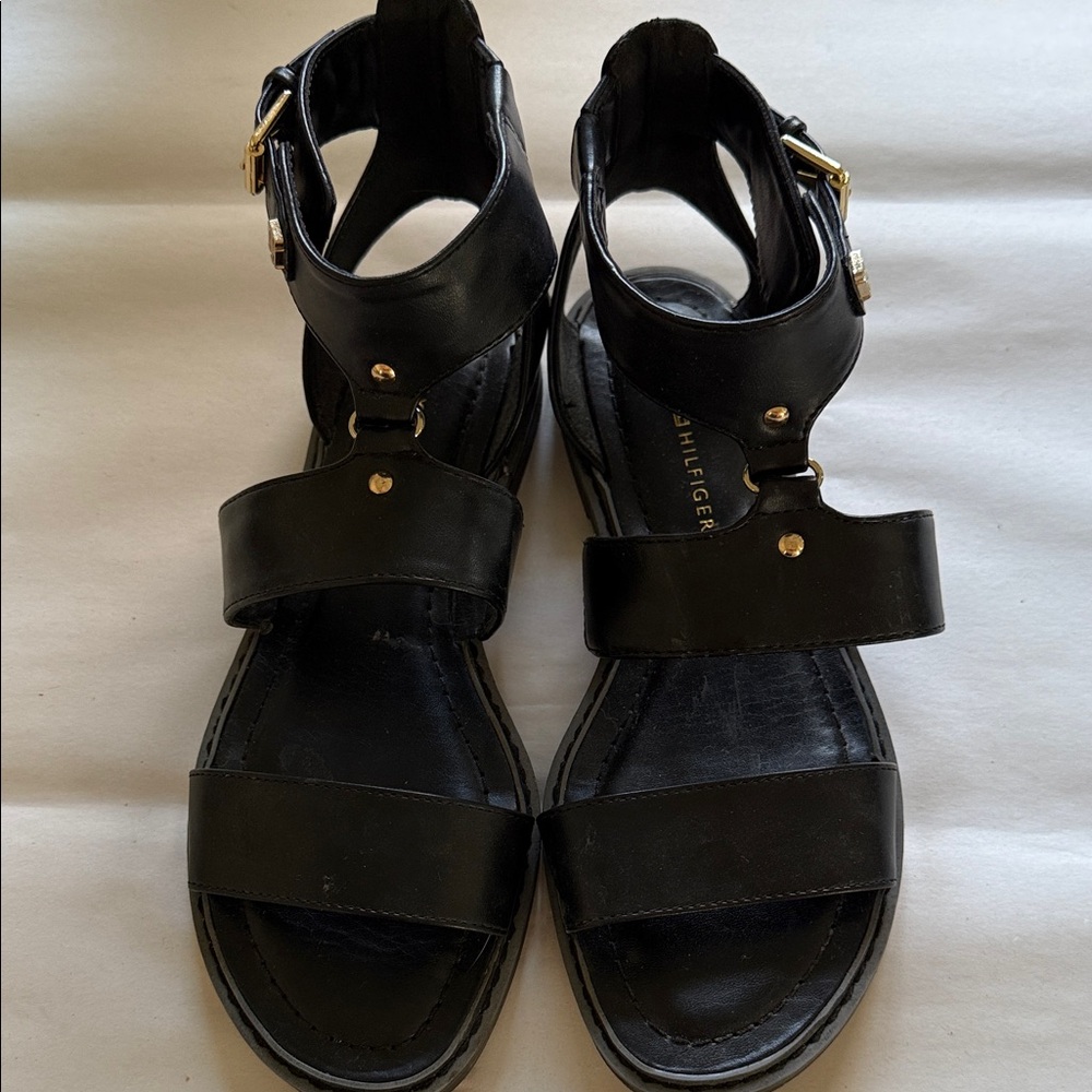 Tommy Hilfiger Black Leather Strappy Sandals with Gold Hardware
